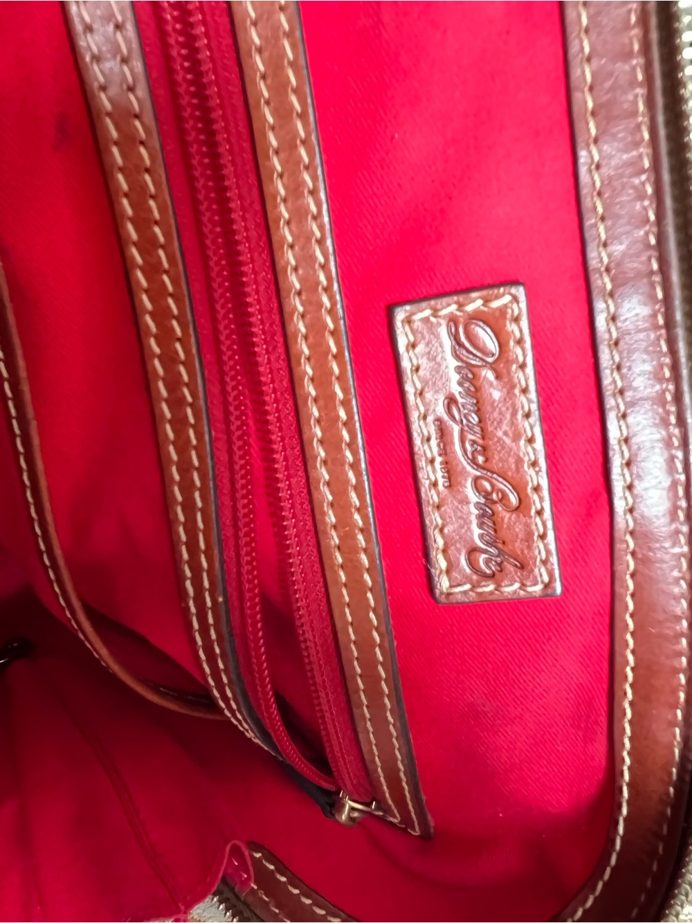 Dooney & Bourke Tan Pebble Leather Satchel crossbody with Brown Trim long strap - Picture 9 of 16